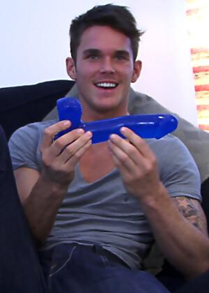 Straight Young Footballer Jay Hall Slides Up & Down on the Massive Blue Dildo