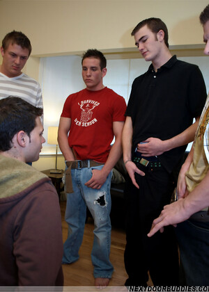 Cute brunette stud Samuel participates in a gay blowbang with his classmates