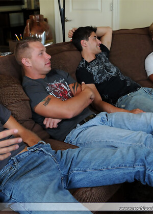 Horny gays in jeans undress and fuck each other's tight assholes in groupsex