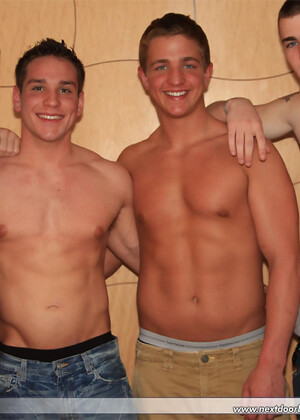Tiny stud Brenden getting fucked and jizzed by three cute twinks in a gangbang