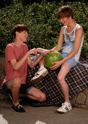 Sexy boys Elijah White & Cody Cachet play with a watermelon before having oral sex